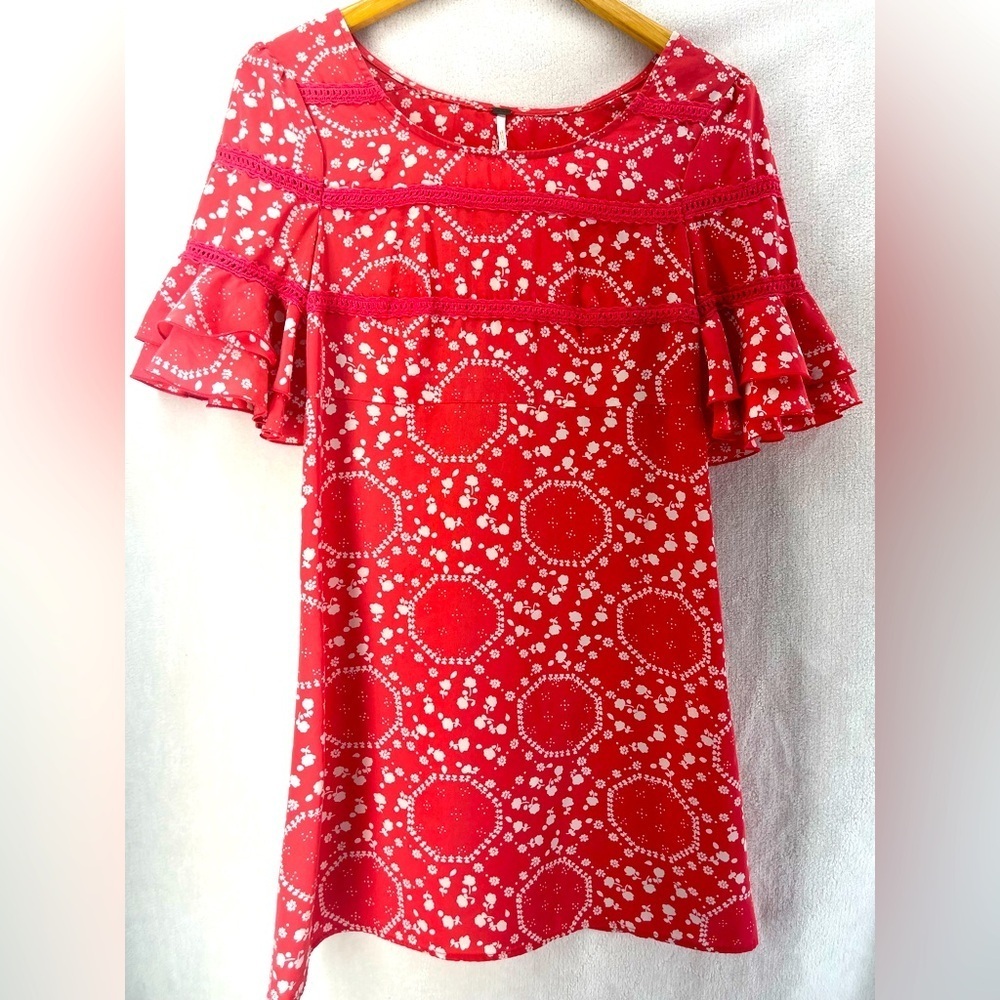Free People Coral Pink Floral Garden Shift Mini Dress Size 4 Boho Beach Chic